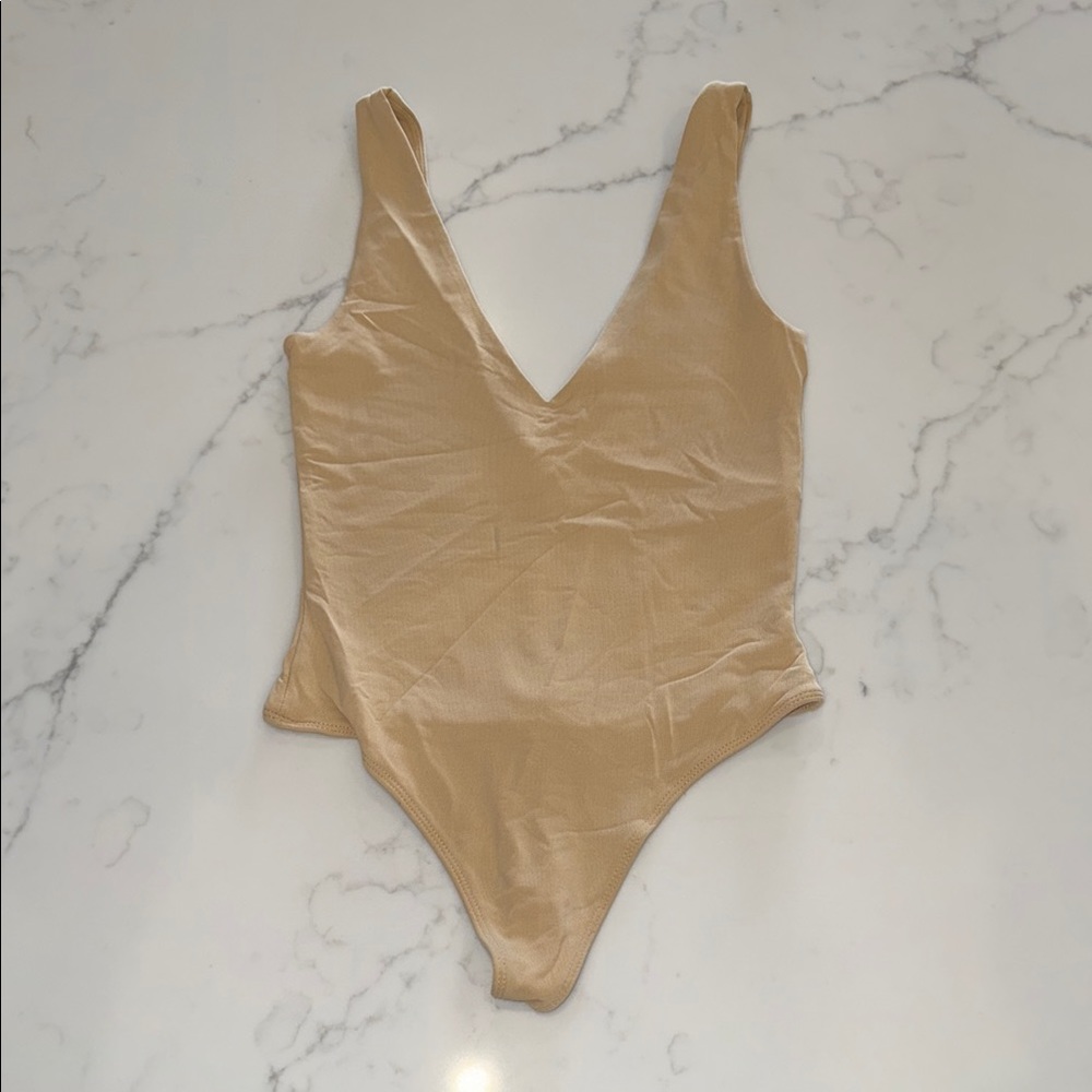 Babaton Tan Bodysuit with Plunging V-Neckline
